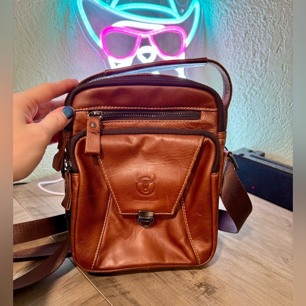 Brown Leather Messenger Bag for Men Bullcaptain